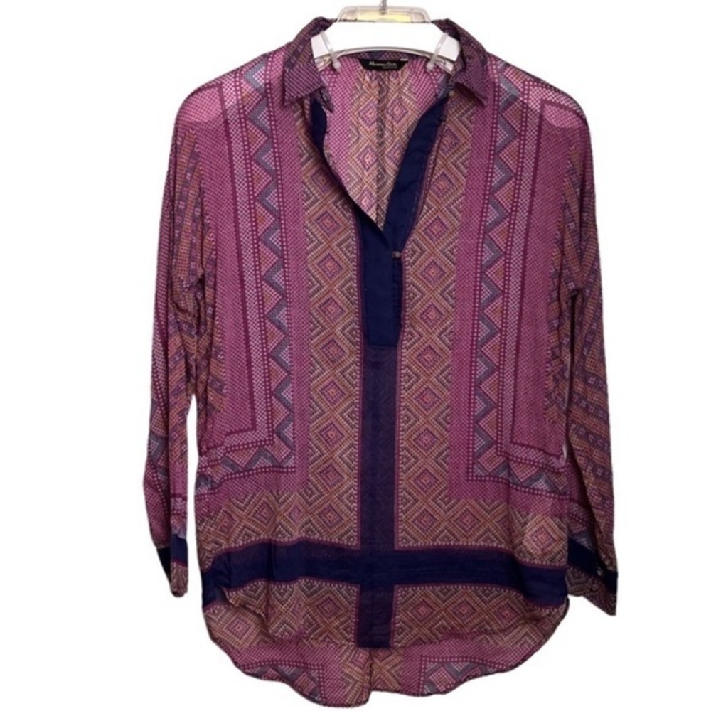 MASSIMO DUTTI Silk Cotton Blend Aztec Print Shirt Size 34